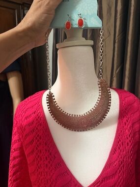 Vintage-Inspired Copper Statement Necklace with Red Earrings